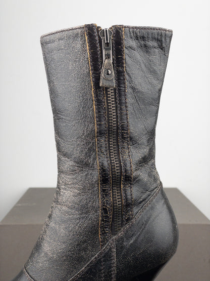 Miu Miu AW01 Double Side-Zip Cracked Leather Ankle Heel Boots