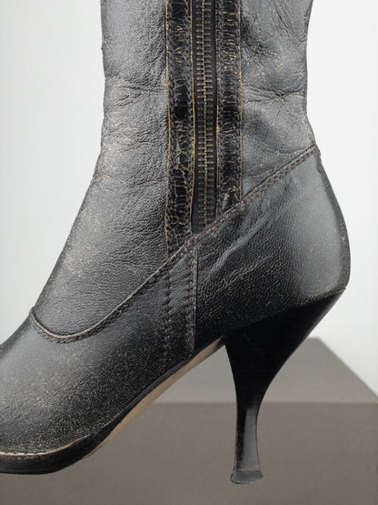 Miu Miu AW01 Double Side-Zip Cracked Leather Ankle Heel Boots