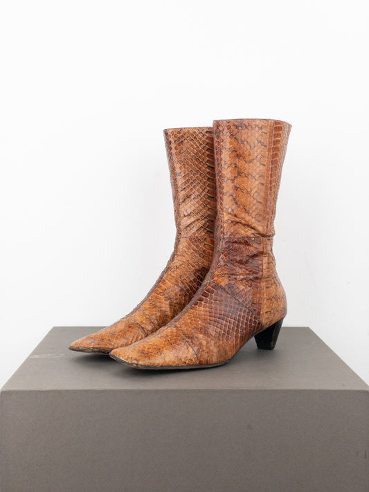 Miu Miu AW98 Square-Toe Python Snakeskin Kitten Heel Ankle Boots