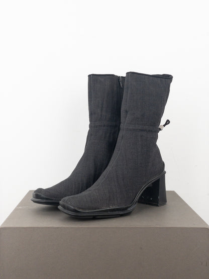 Prada AW99 Square Toe Bungee-Cord Ankle Heel Boots