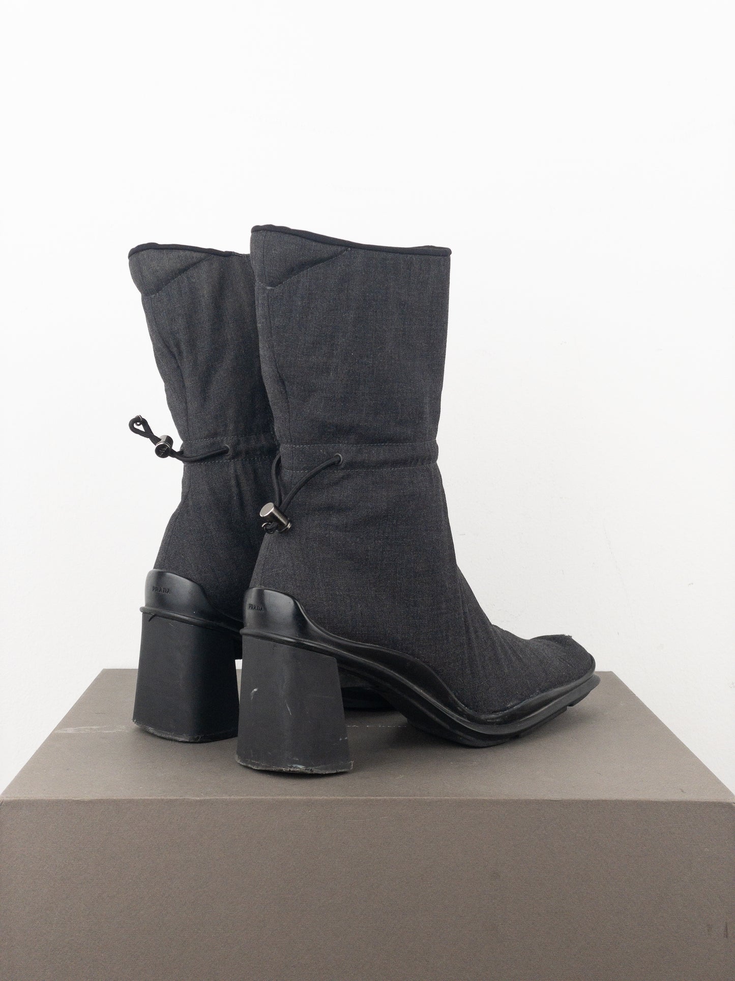 Prada AW99 Square Toe Bungee-Cord Ankle Heel Boots