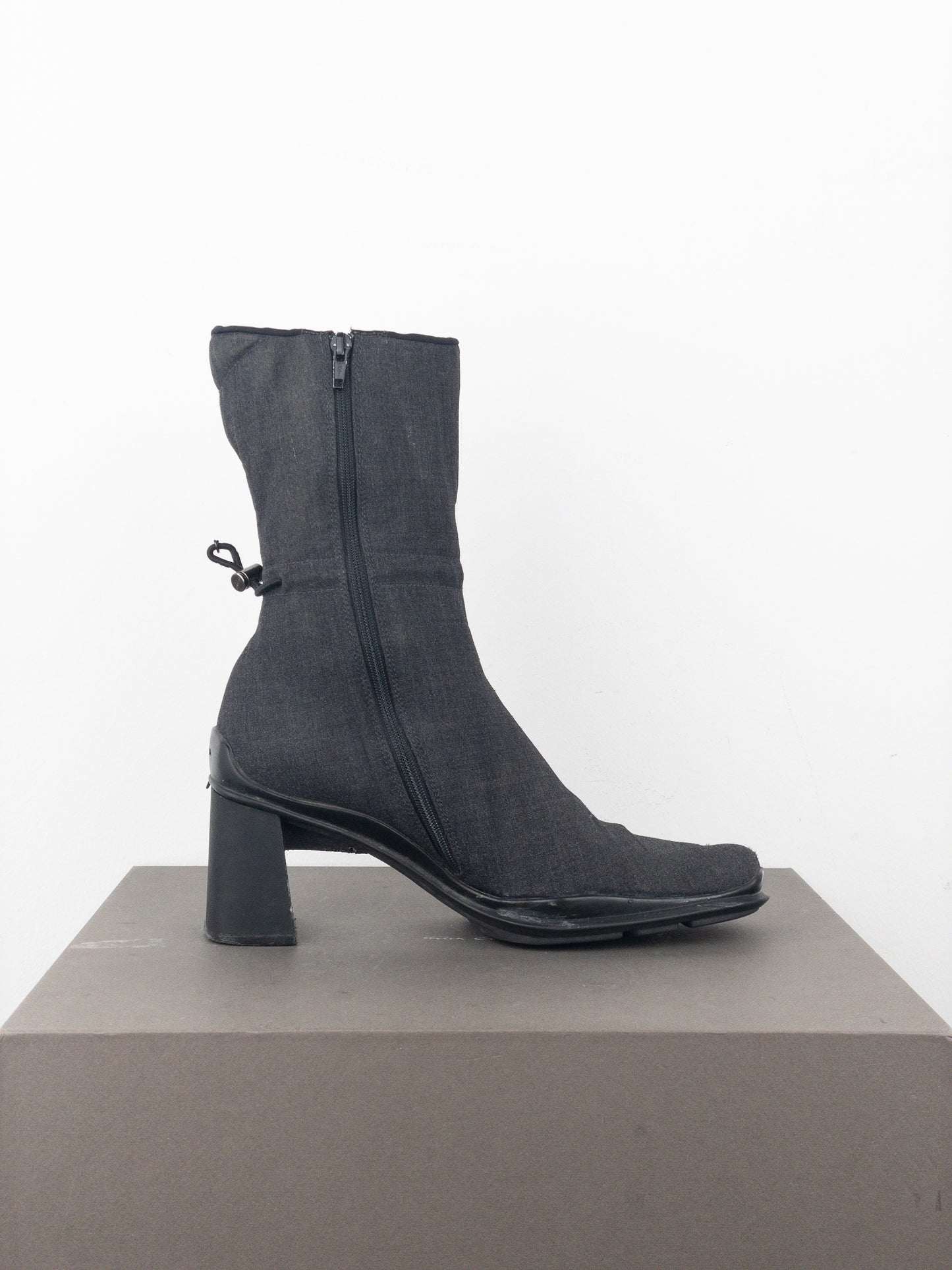 Prada AW99 Square Toe Bungee-Cord Ankle Heel Boots