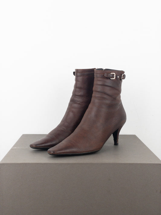 Prada 2000s Square Toe Buckle Kitten Heel Ankle Boots