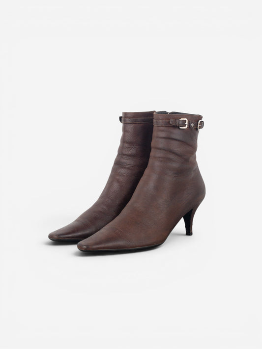 Prada 2000s Square Toe Buckle Kitten Heel Ankle Boots