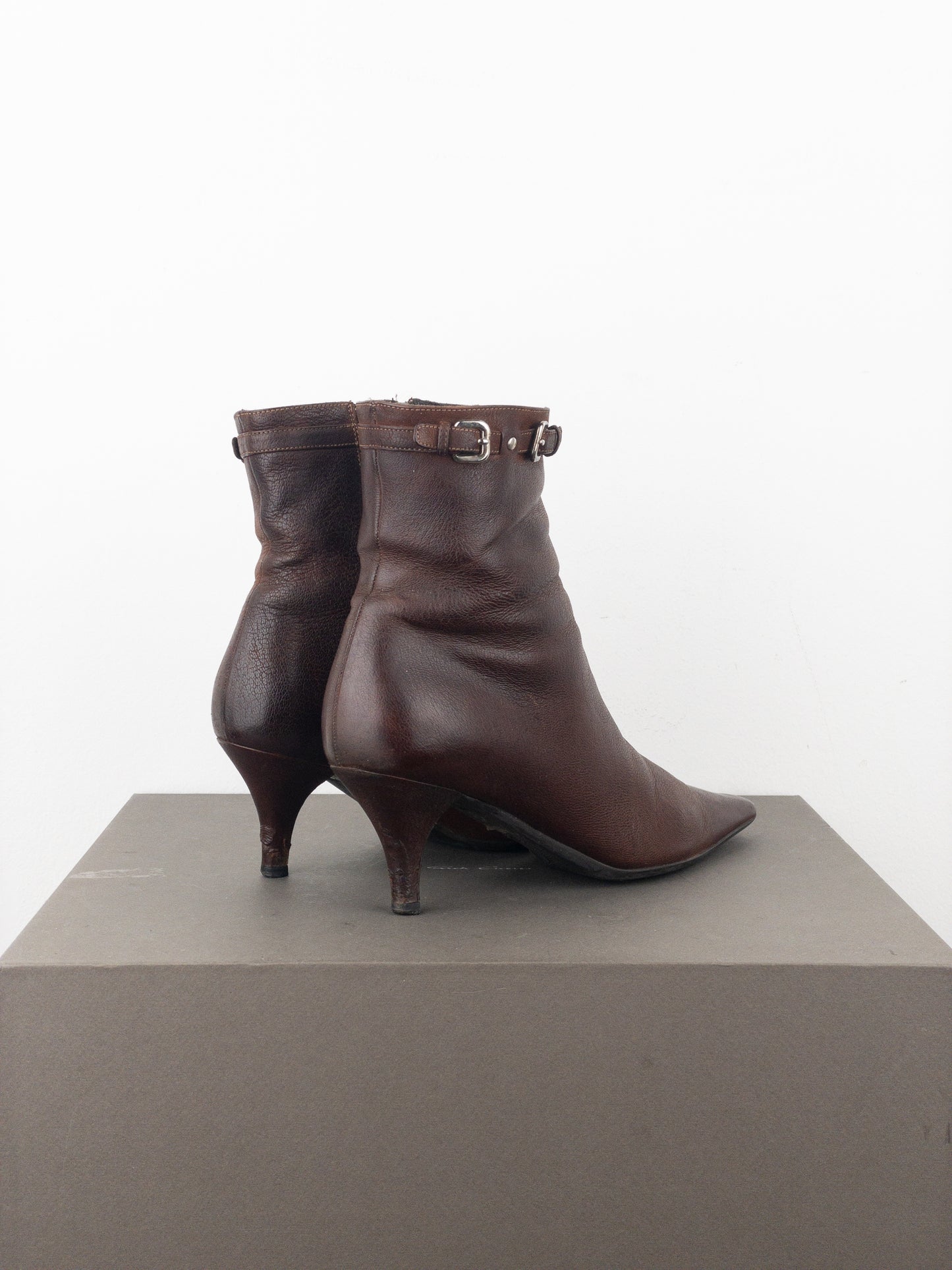 Prada 2000s Square Toe Buckle Kitten Heel Ankle Boots