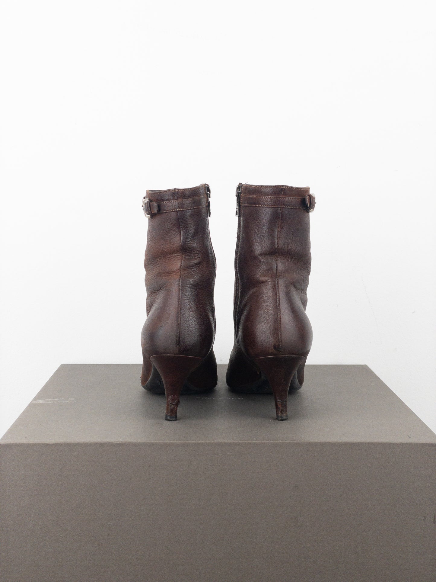 Prada 2000s Square Toe Buckle Kitten Heel Ankle Boots