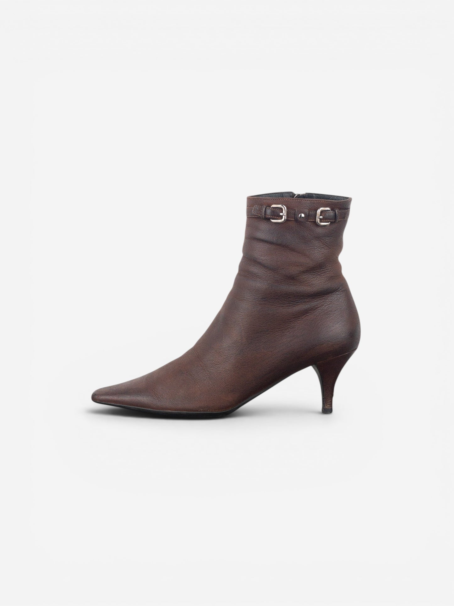 Prada 2000s Square Toe Buckle Kitten Heel Ankle Boots