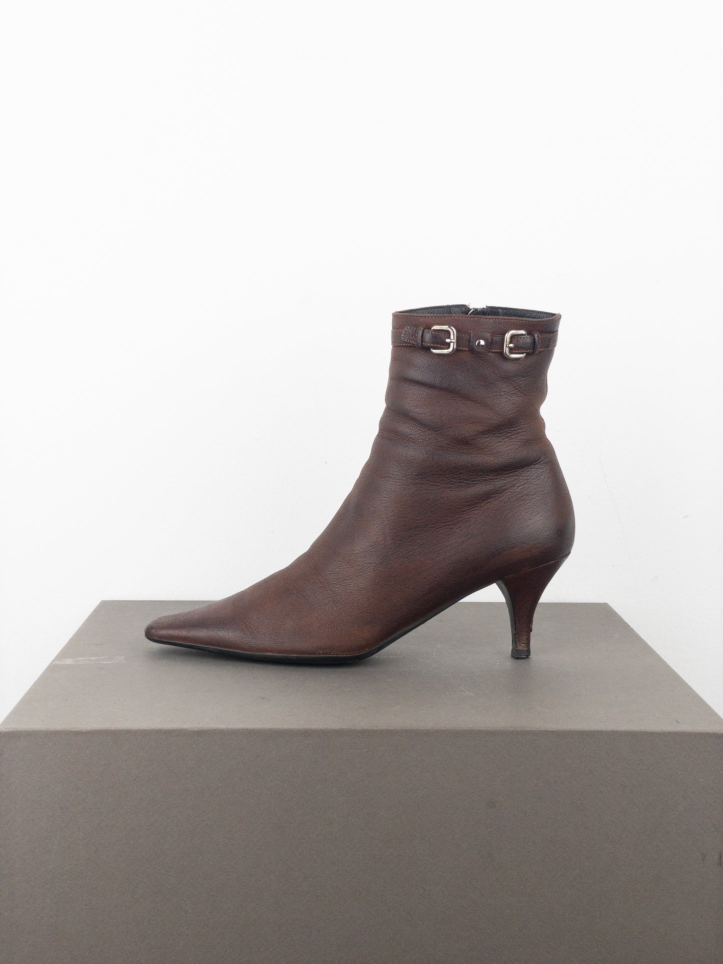 Prada 2000s Square Toe Buckle Kitten Heel Ankle Boots