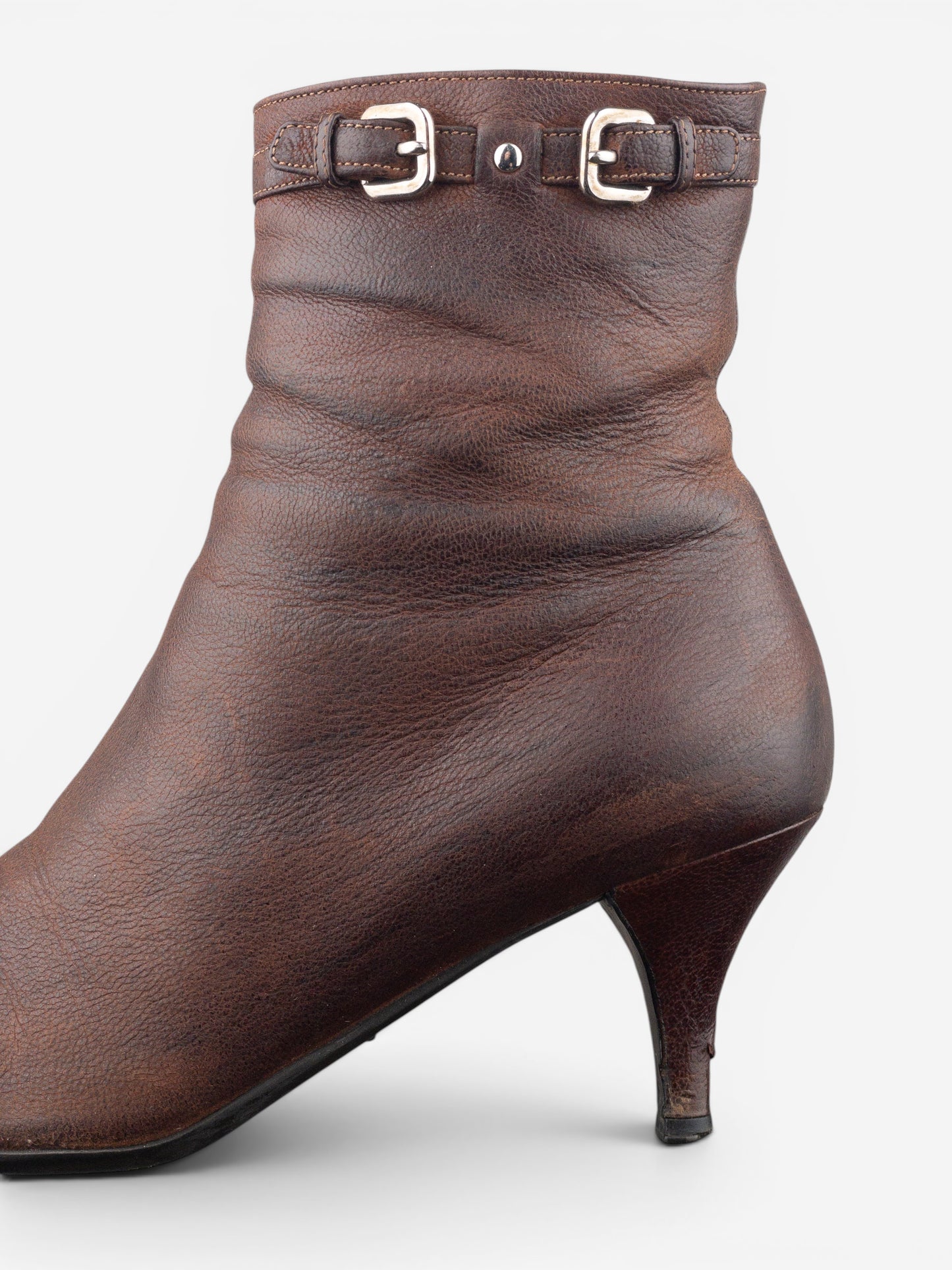 Prada 2000s Square Toe Buckle Kitten Heel Ankle Boots