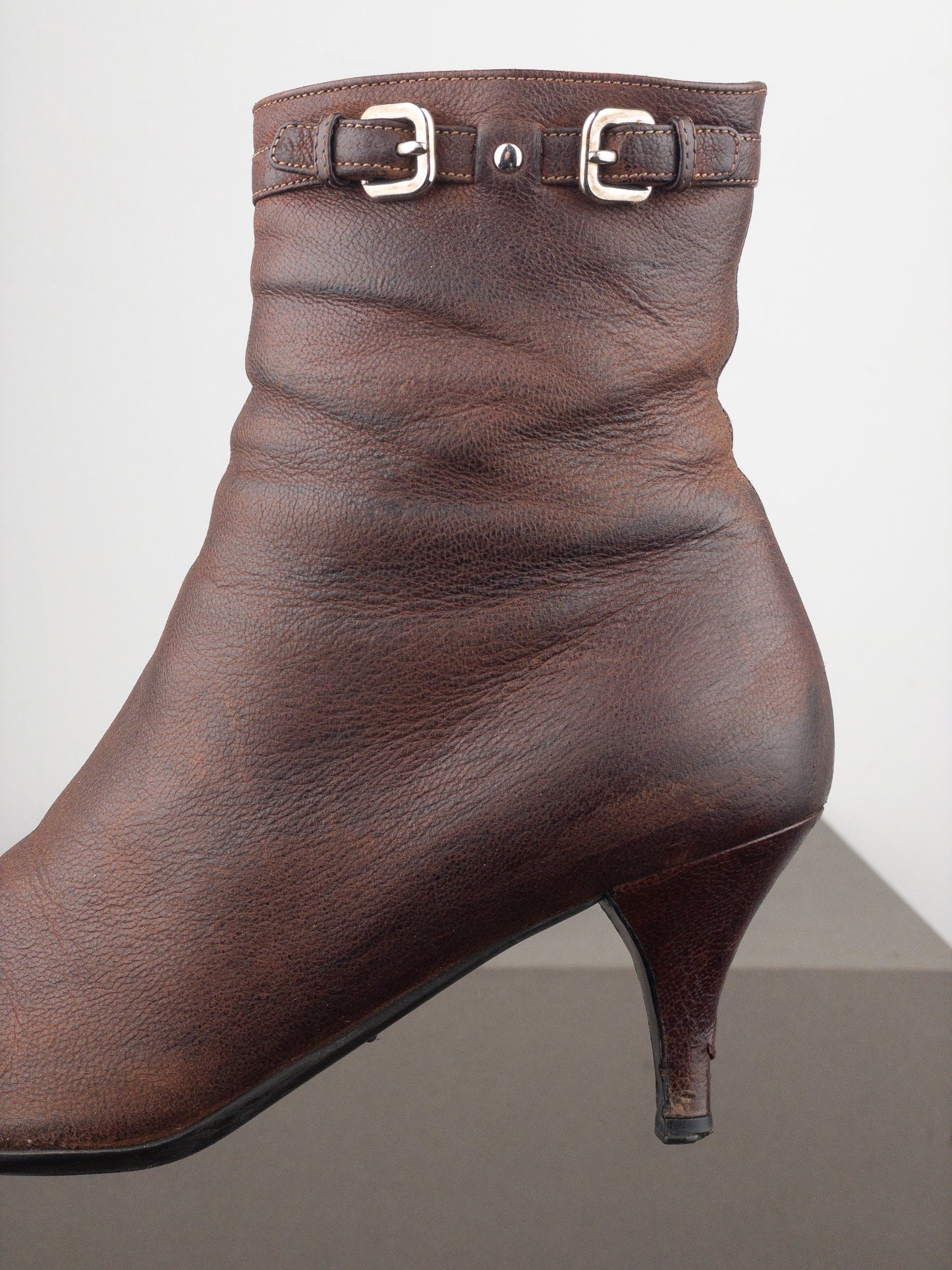 Prada 2000s Square Toe Buckle Kitten Heel Ankle Boots