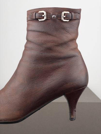 Prada 2000s Square Toe Buckle Kitten Heel Ankle Boots