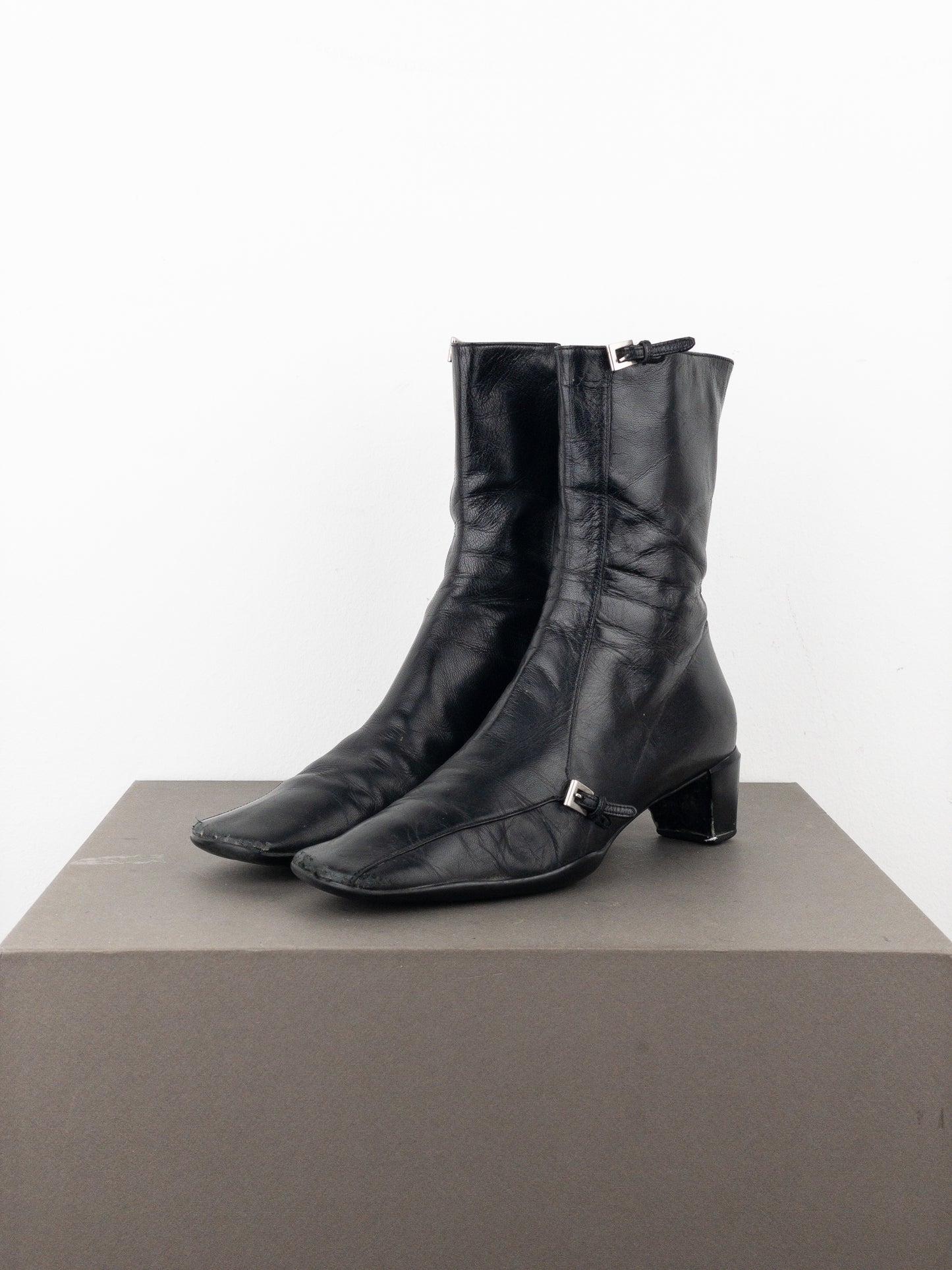 Prada 2000s Square Toe Sports Buckle Kitten Heel Ankle Boots
