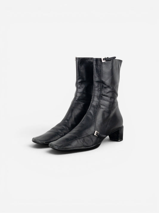 Prada 2000s Square Toe Sports Buckle Kitten Heel Ankle Boots