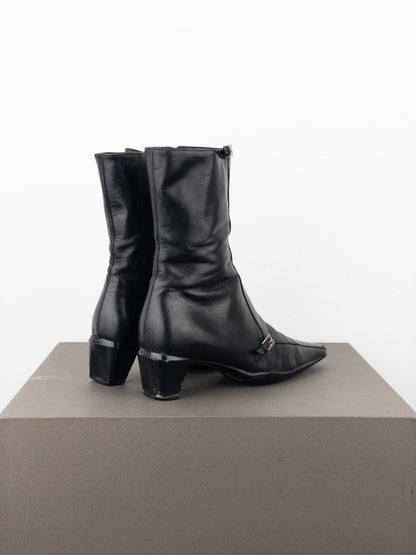 Prada 2000s Square Toe Sports Buckle Kitten Heel Ankle Boots