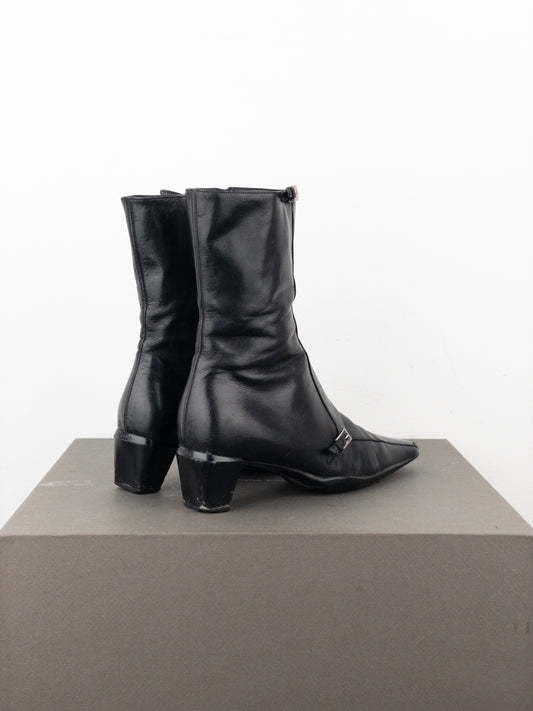 Prada 2000s Square Toe Sports Buckle Kitten Heel Ankle Boots