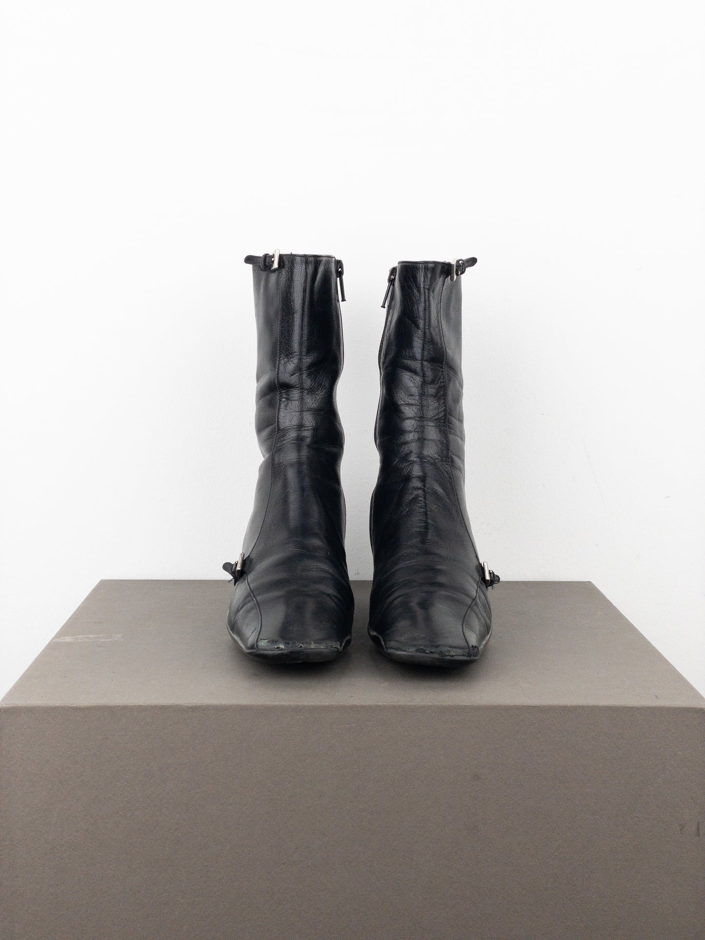 Prada 2000s Square Toe Sports Buckle Kitten Heel Ankle Boots