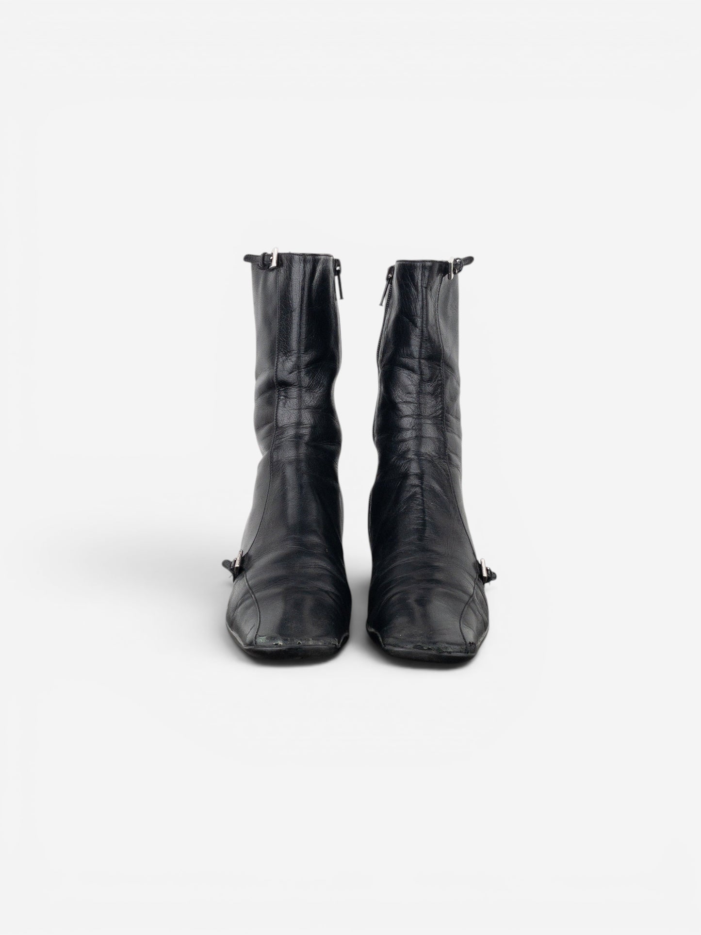 Prada 2000s Square Toe Sports Buckle Kitten Heel Ankle Boots – photo 5
