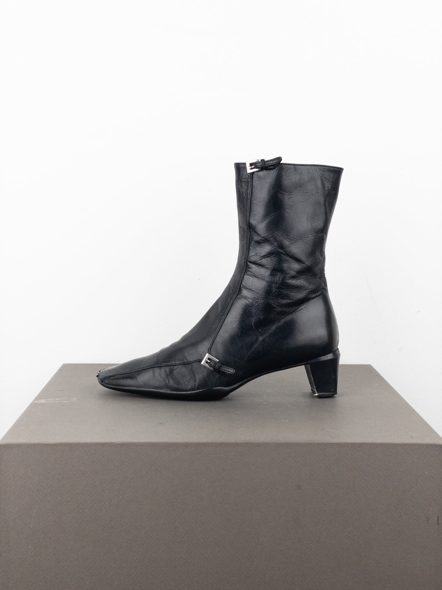 Prada 2000s Square Toe Sports Buckle Kitten Heel Ankle Boots