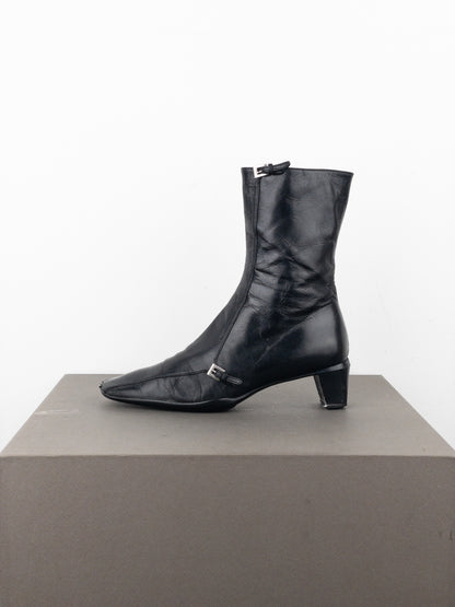 Prada 2000s Square Toe Sports Buckle Kitten Heel Ankle Boots