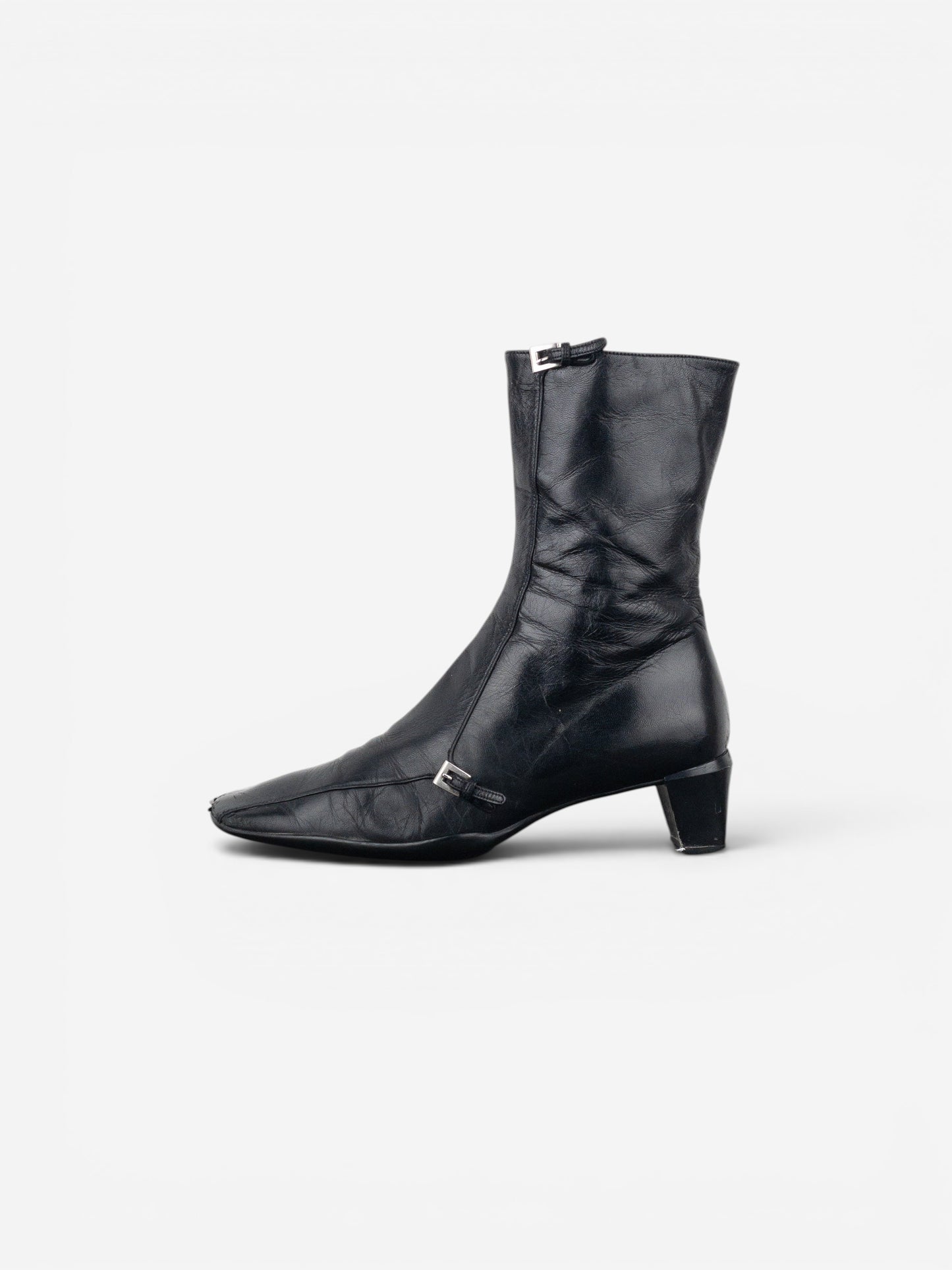 Prada 2000s Square Toe Sports Buckle Kitten Heel Ankle Boots – photo 3