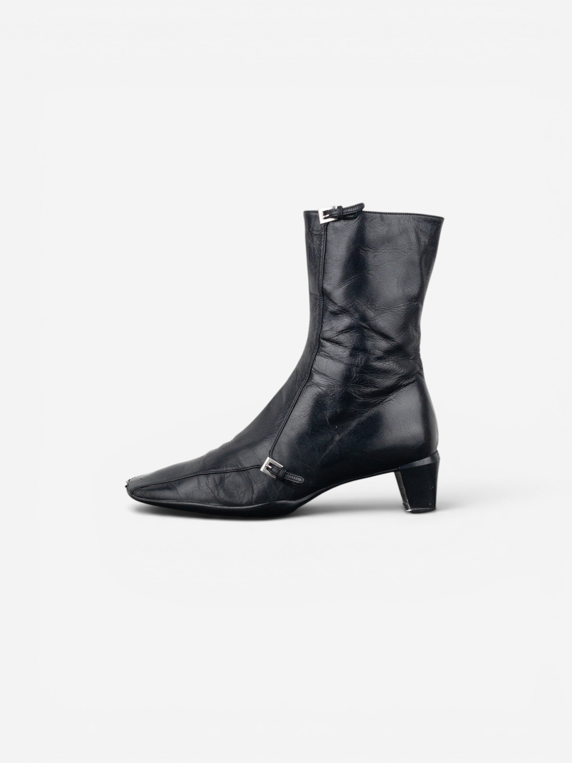Prada 2000s Square Toe Sports Buckle Kitten Heel Ankle Boots – photo 3