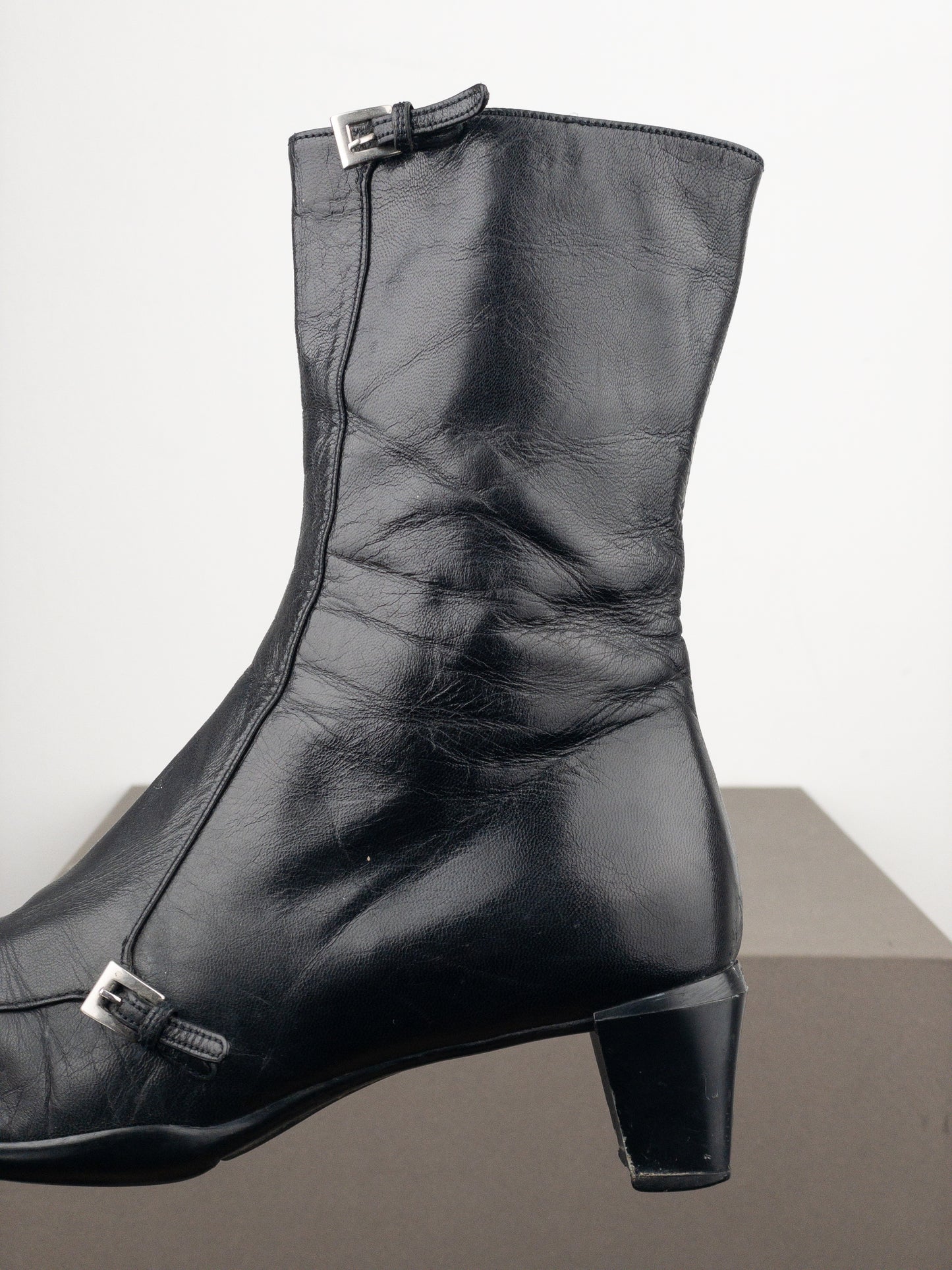 Prada 2000s Square Toe Sports Buckle Kitten Heel Ankle Boots