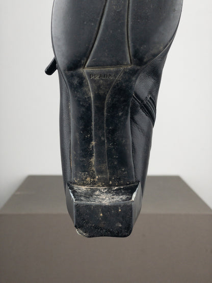 Prada 2000s Square Toe Sports Buckle Kitten Heel Ankle Boots