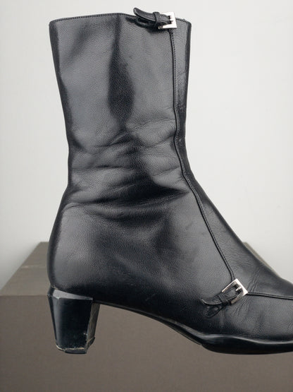 Prada 2000s Square Toe Sports Buckle Kitten Heel Ankle Boots