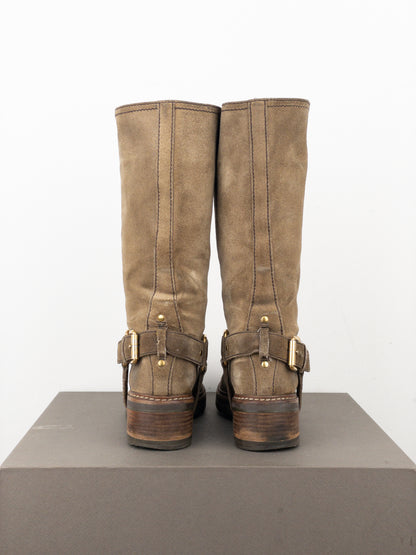 Prada 2000s Knee-High Suede Biker Boots