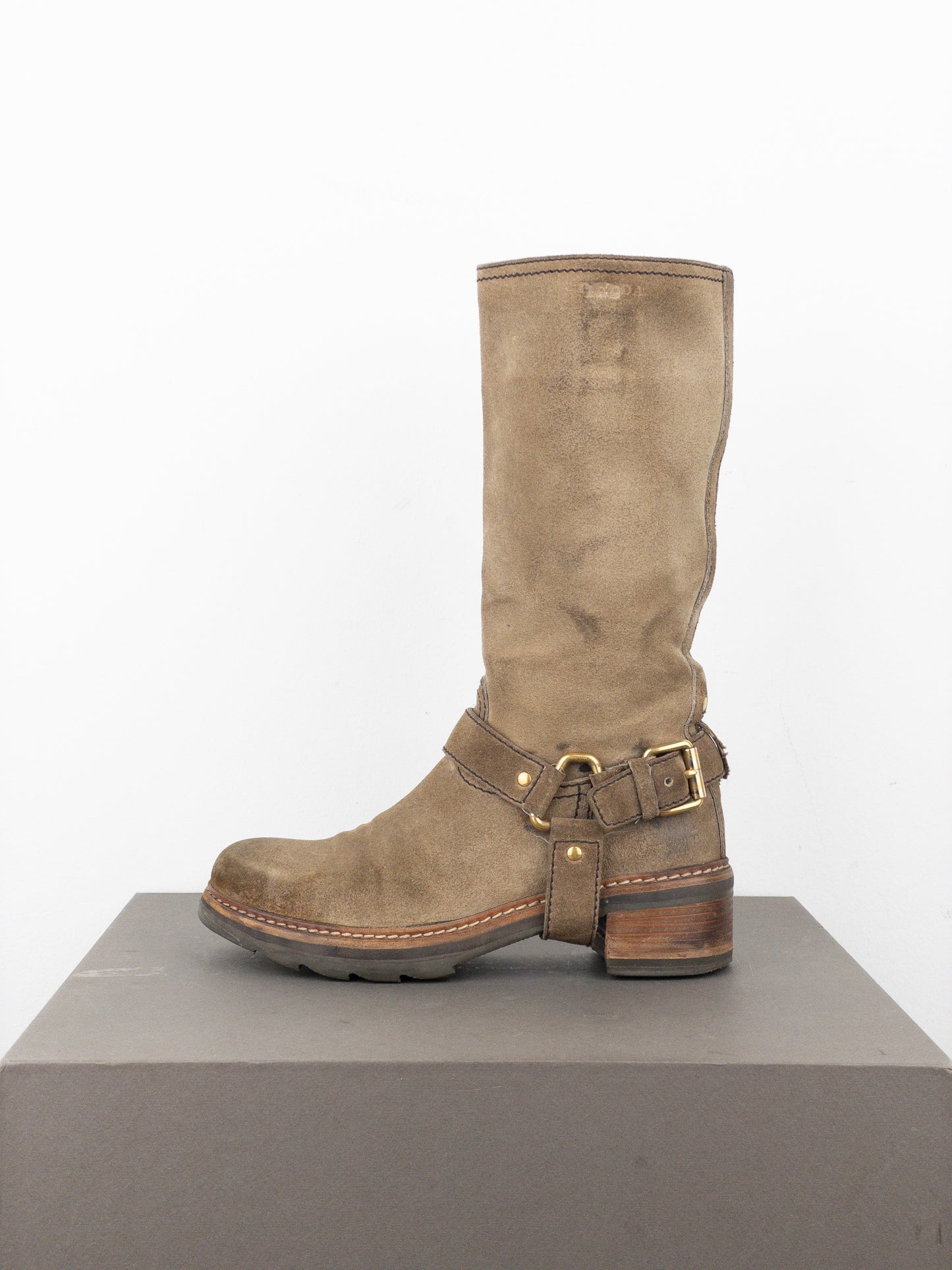 Prada 2000s Knee-High Suede Biker Boots