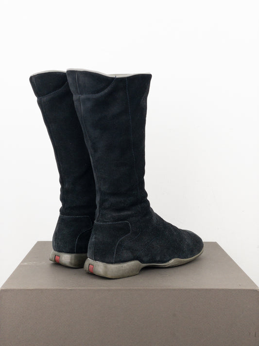 Prada AW99 Suede Knee High Square Toe Biker Moto Sports Boots