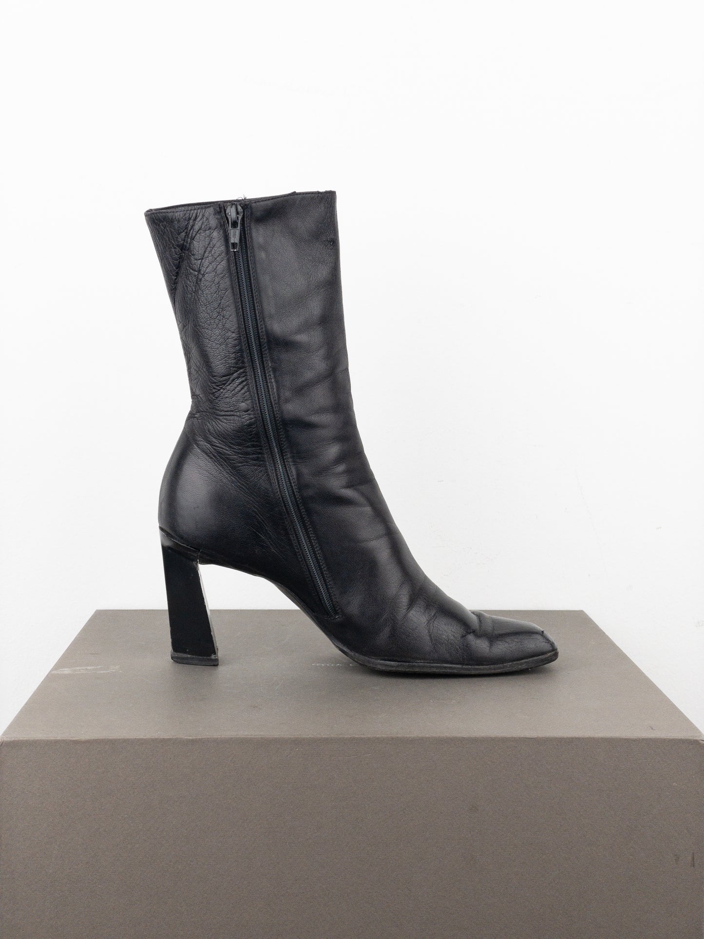Prada AW99 Square-Toe Sculptural Ankle Heel Boots