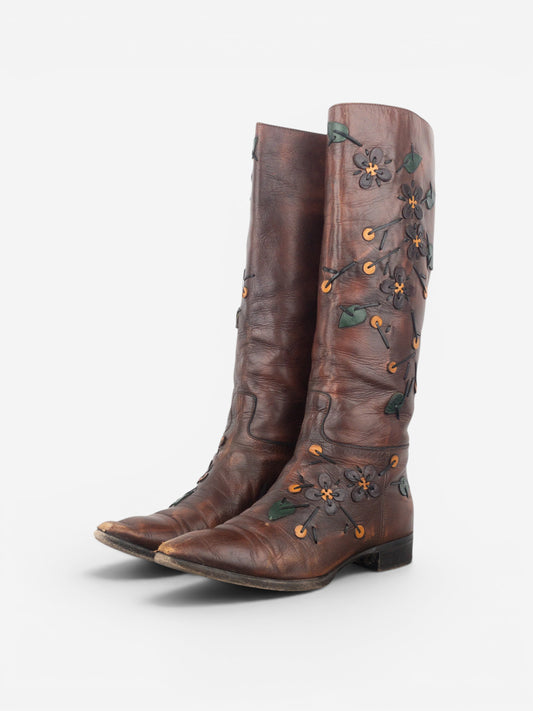 Prada AW99 Knee High Flowers Leaves Riding Boots