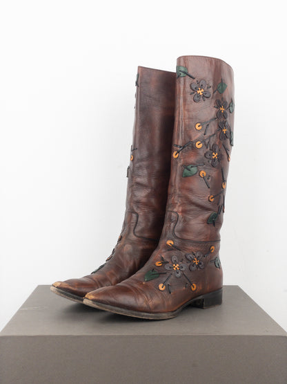 Prada AW99 Knee High Flowers Leaves Riding Boots
