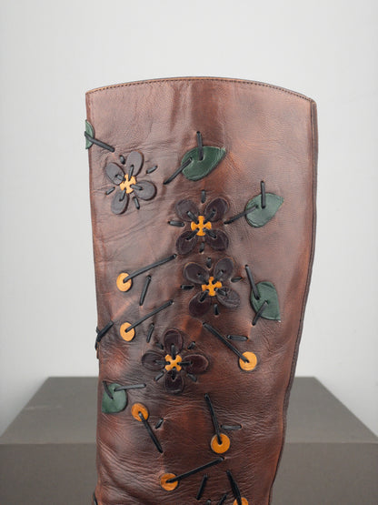 Prada AW99 Knee High Flowers Leaves Riding Boots