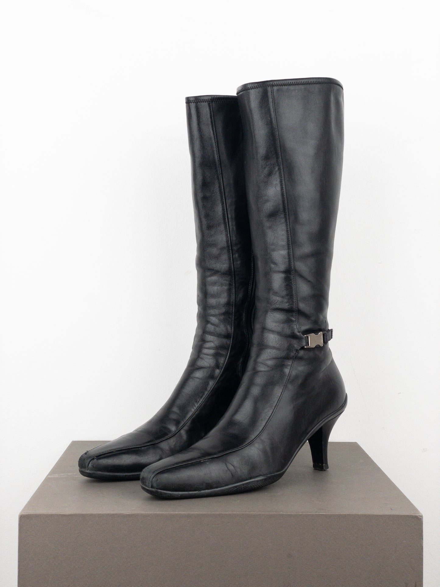 Prada 2000s Knee-High Sports Buckle Kitten Heel Boots