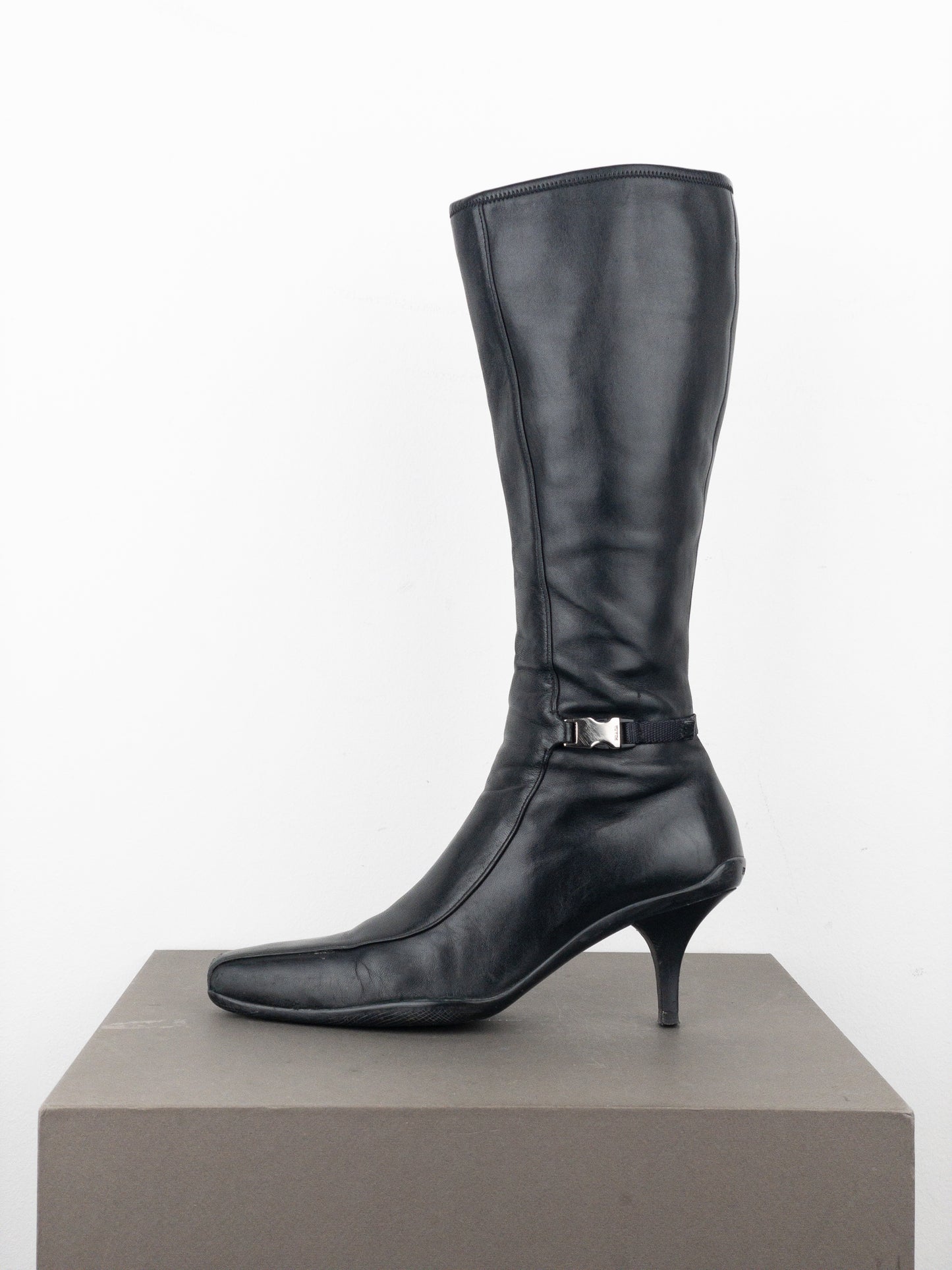 Prada 2000s Knee-High Sports Buckle Kitten Heel Boots