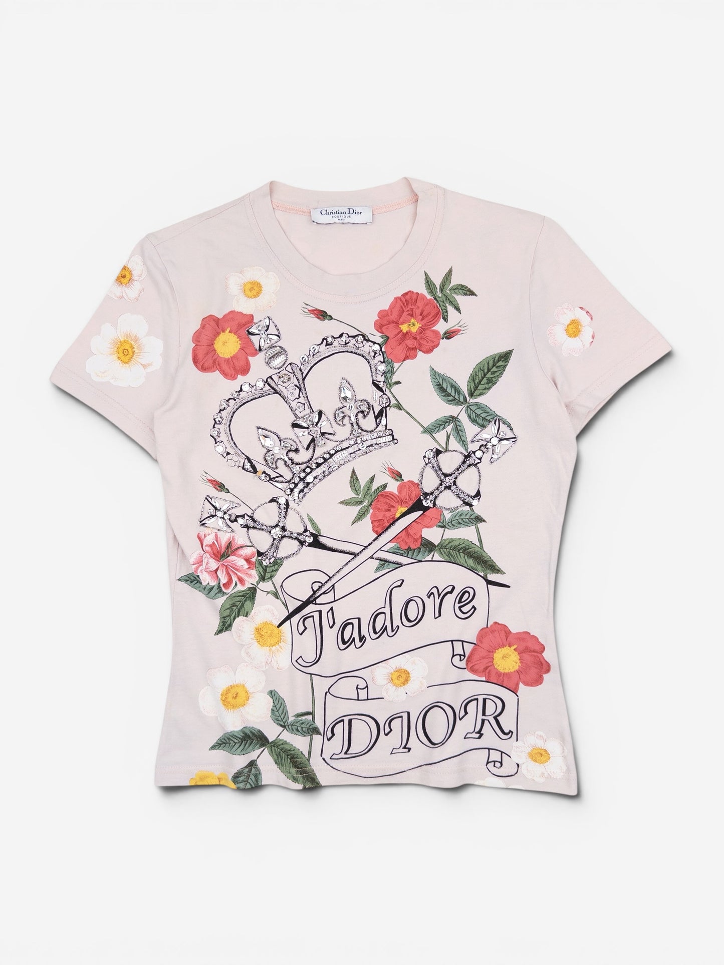 Dior by Galliano AW03 'Jadore Dior' Floral Rhinestone Crown & Sword T-Shirt