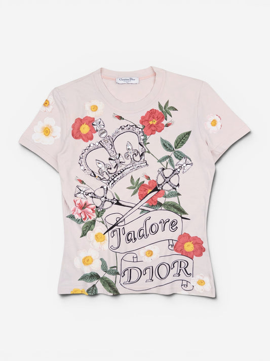 Dior by Galliano AW03 'Jadore Dior' Floral Rhinestone Crown & Sword T-Shirt