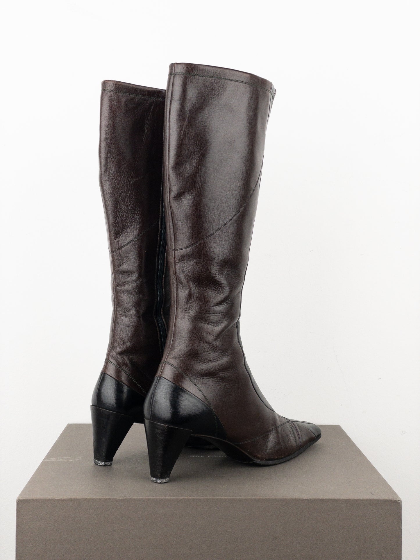 Prada AW99 Knee-High Square Toe Biker Moto Sports Kitten Heel Boots