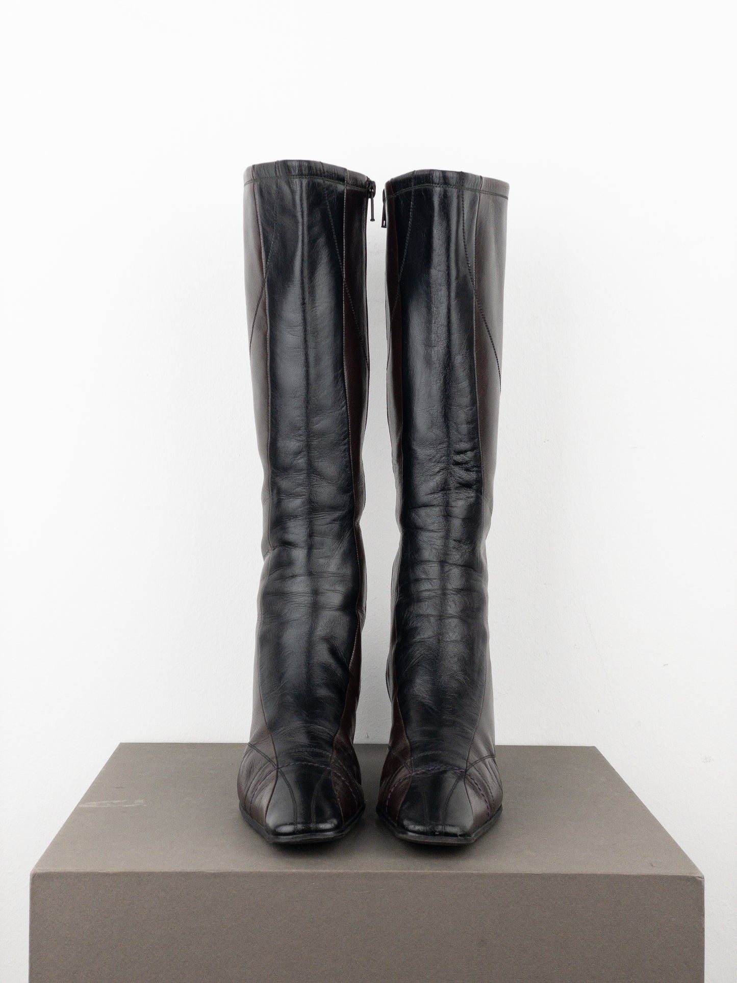 Prada AW99 Knee-High Square Toe Biker Moto Sports Kitten Heel Boots