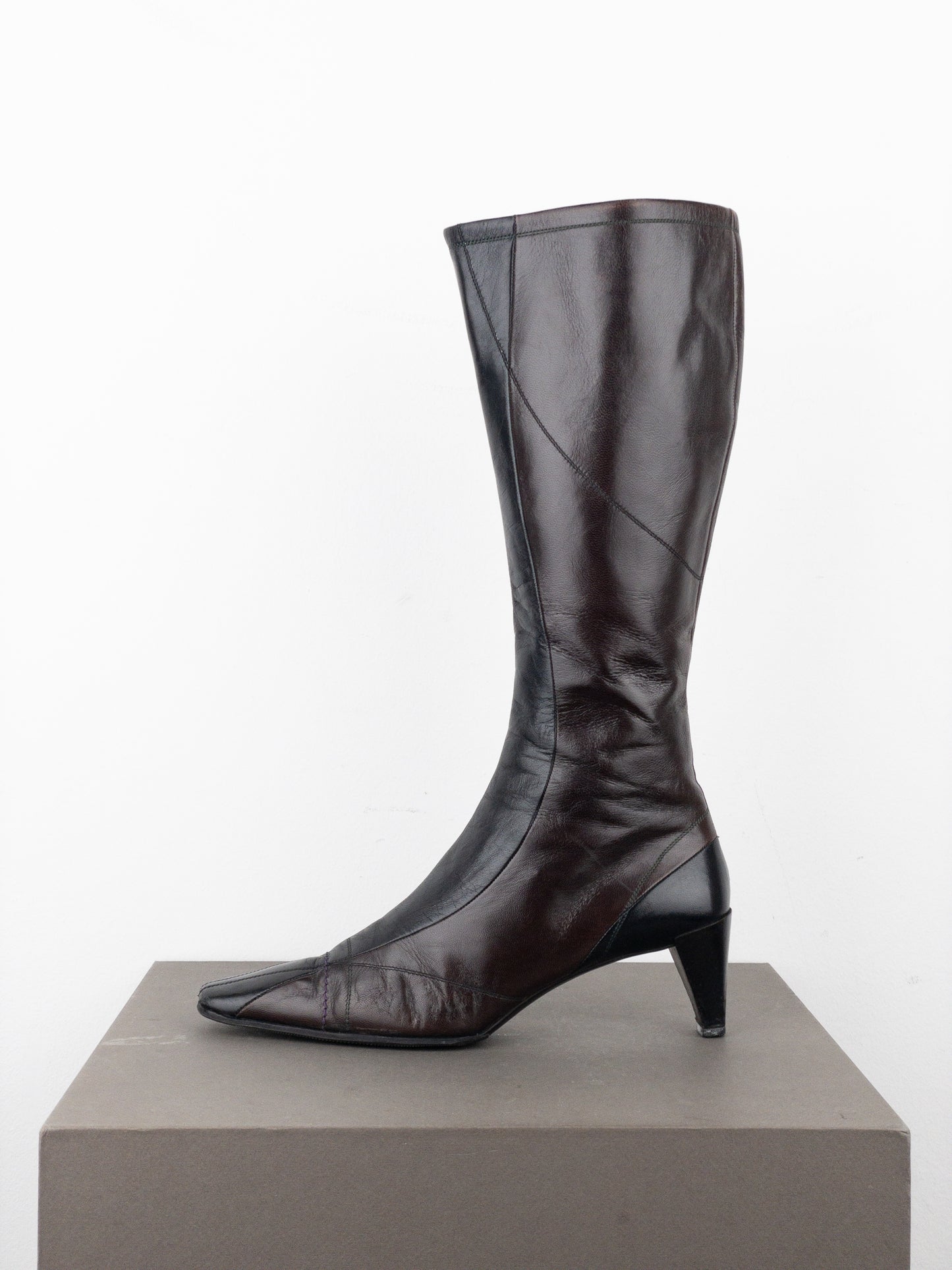 Prada AW99 Knee-High Square Toe Biker Moto Sports Kitten Heel Boots