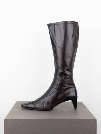 Prada AW99 Knee-High Square Toe Biker Moto Sports Kitten Heel Boots