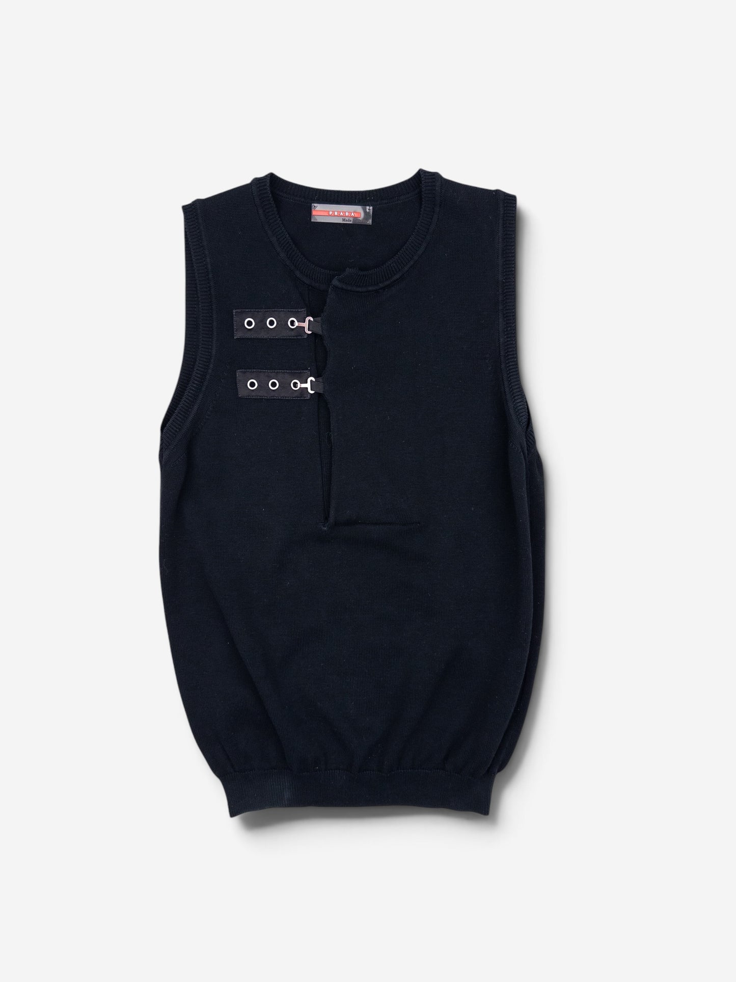 Prada 2000s Sleeveless Bondage Buckle Knit Sweater Vest – front view