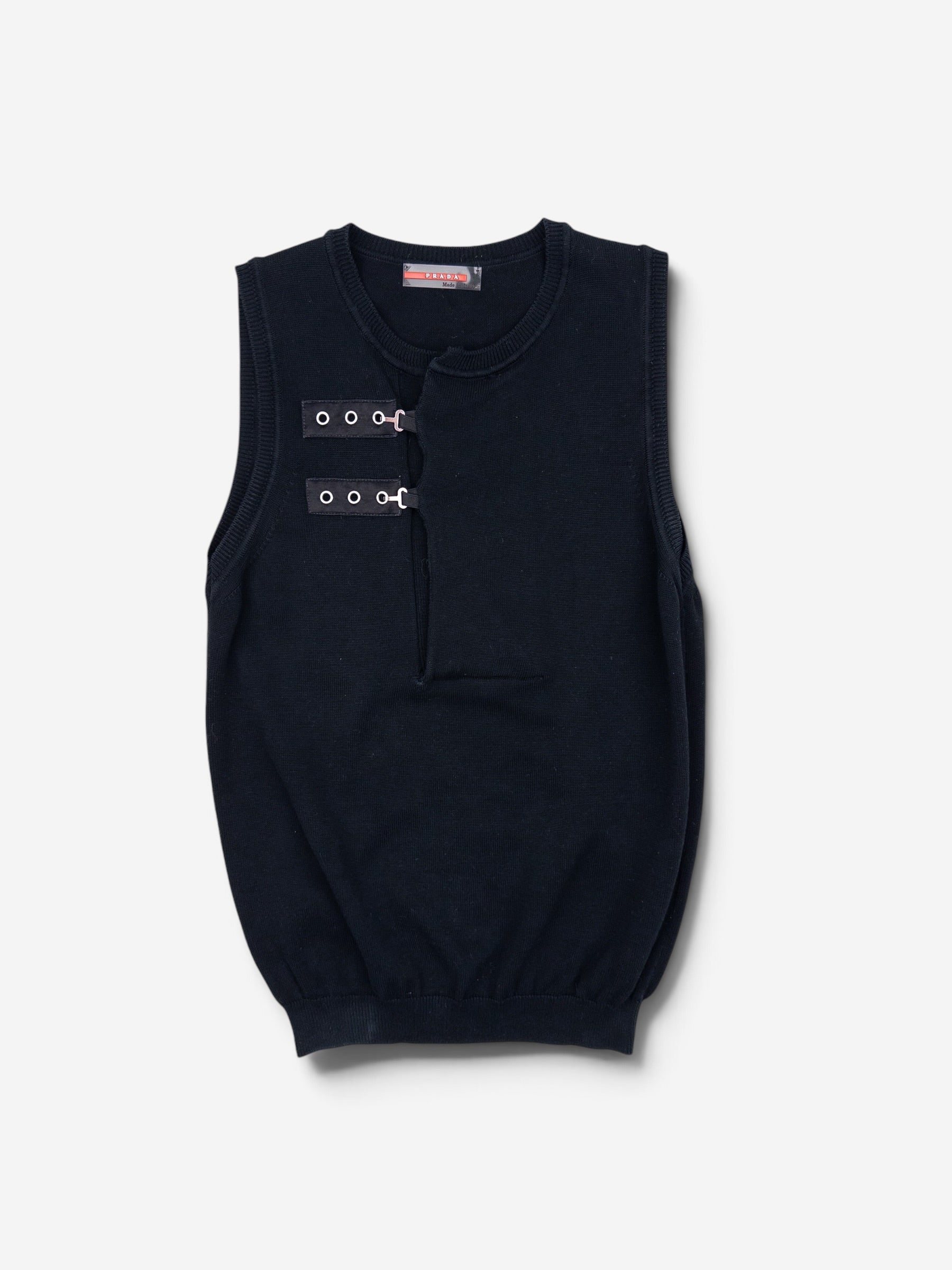 Prada 2000s Sleeveless Bondage Buckle Knit Sweater Vest – front view