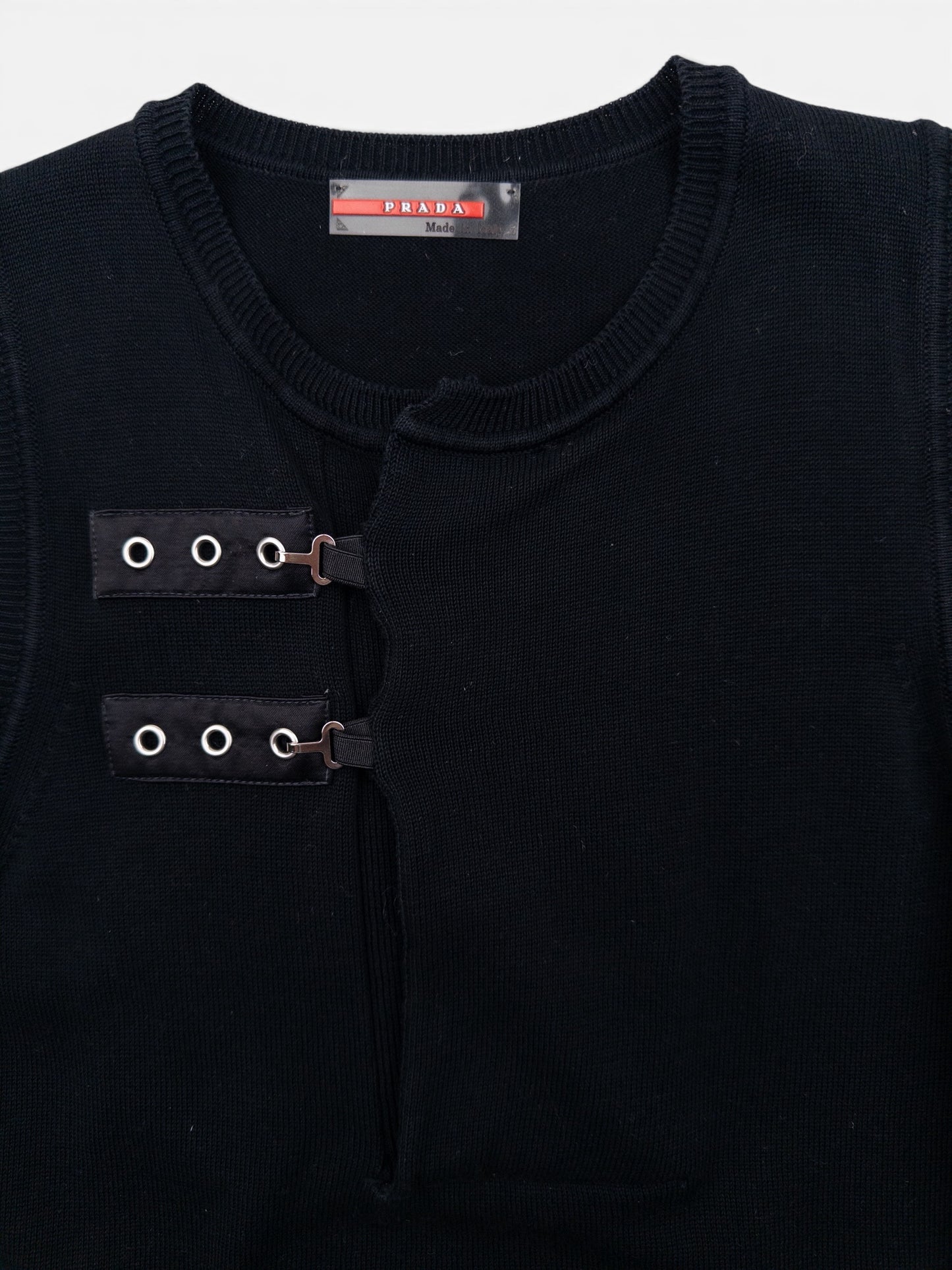 Prada 2000s Sleeveless Bondage Buckle Knit Sweater Vest – buckle strap detail