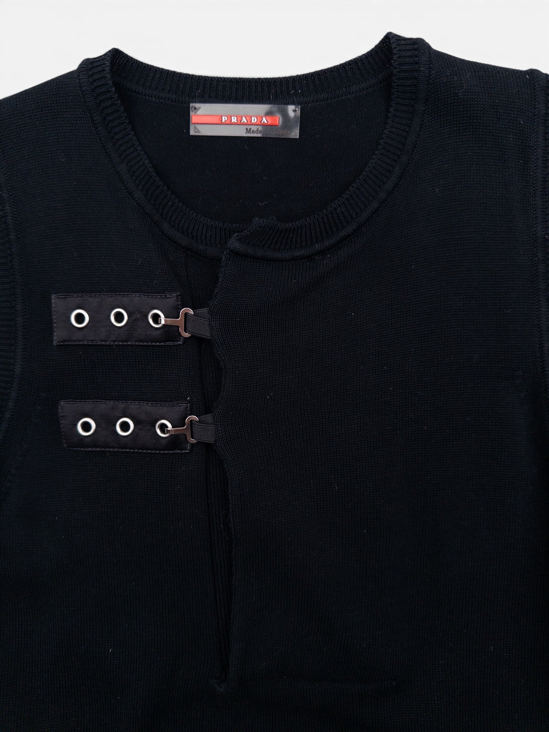 Prada 2000s Sleeveless Bondage Buckle Knit Sweater Vest – buckle strap detail