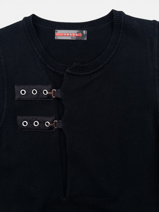 Prada 2000s Sleeveless Bondage Buckle Knit Sweater Vest – buckle strap detail