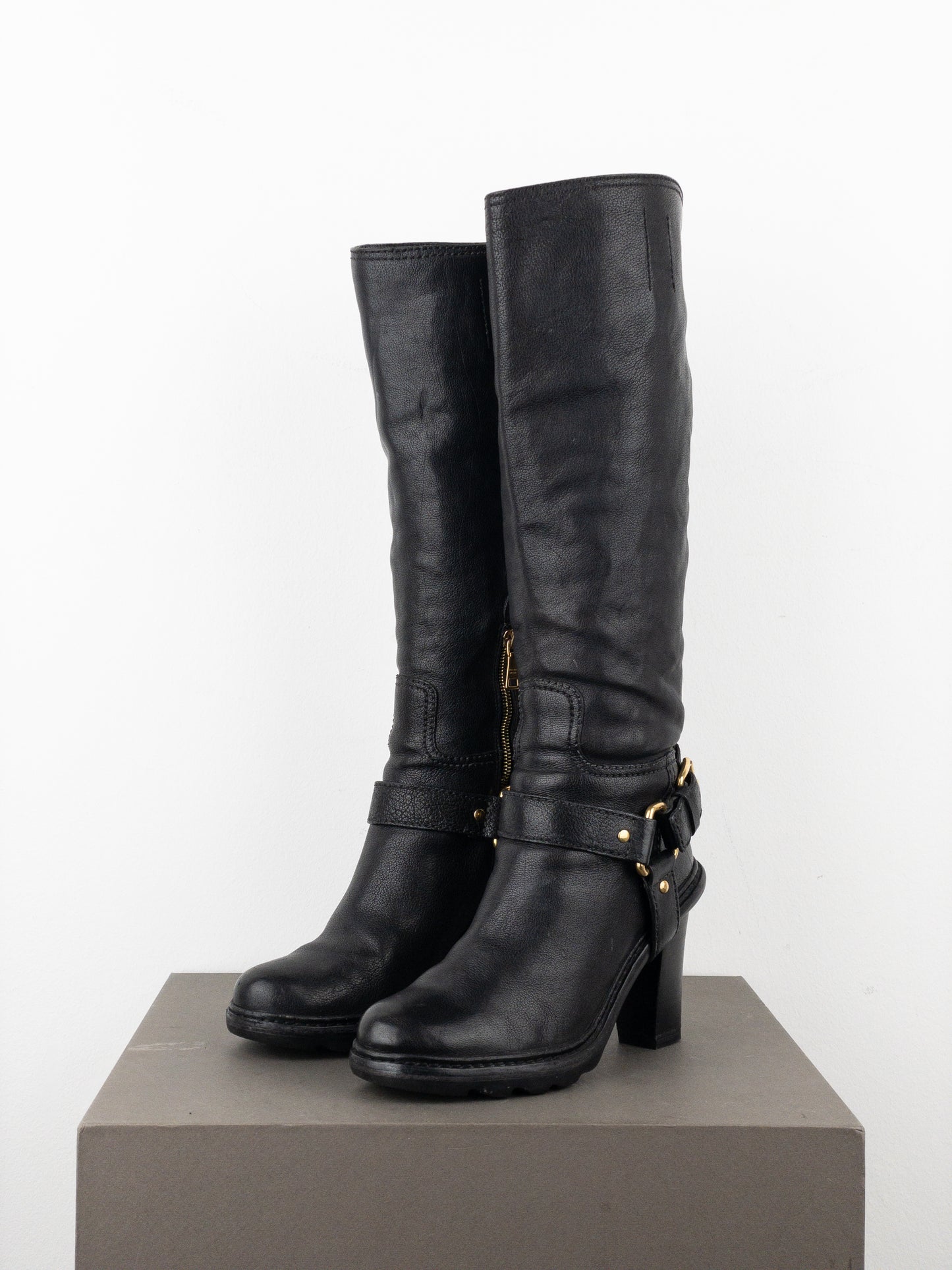 Prada 2000s Knee-High Buckle Biker Heel Boots
