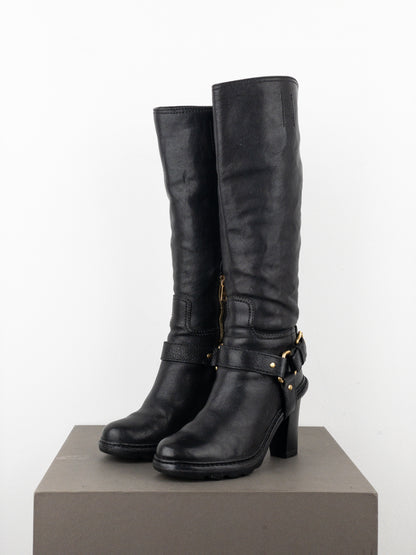 Prada 2000s Knee-High Buckle Biker Heel Boots